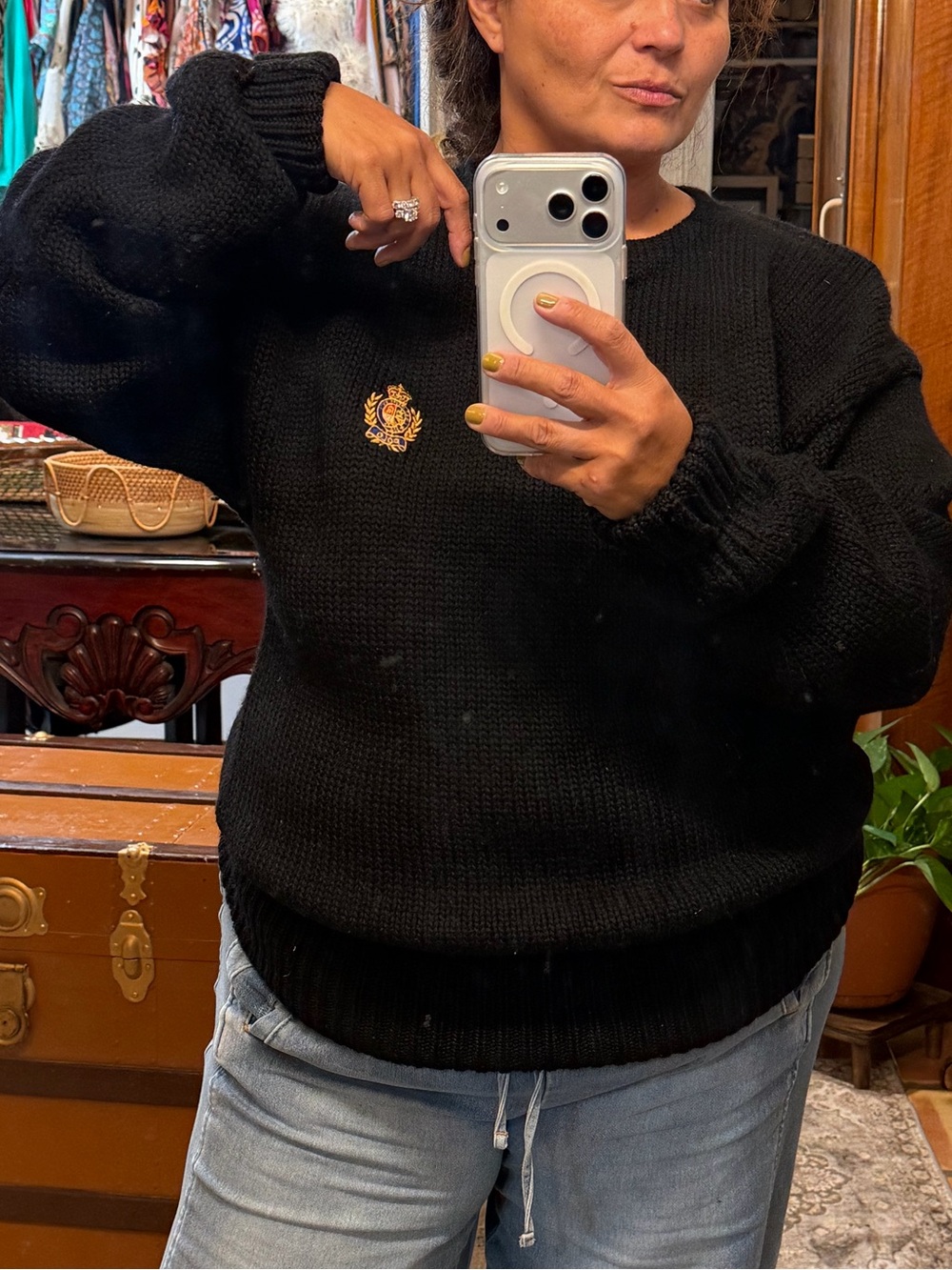 Polo by Ralph Lauren Black Crewneck Sweater with Gold Crest